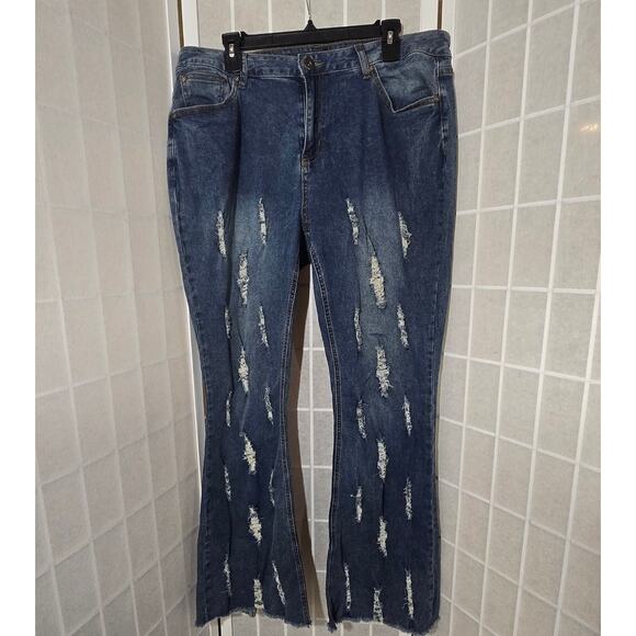 Ashley Stewart Distressed High Waist Frayed Flared Jeans Stretch Plus Size: 18 - Picture 5 of 10